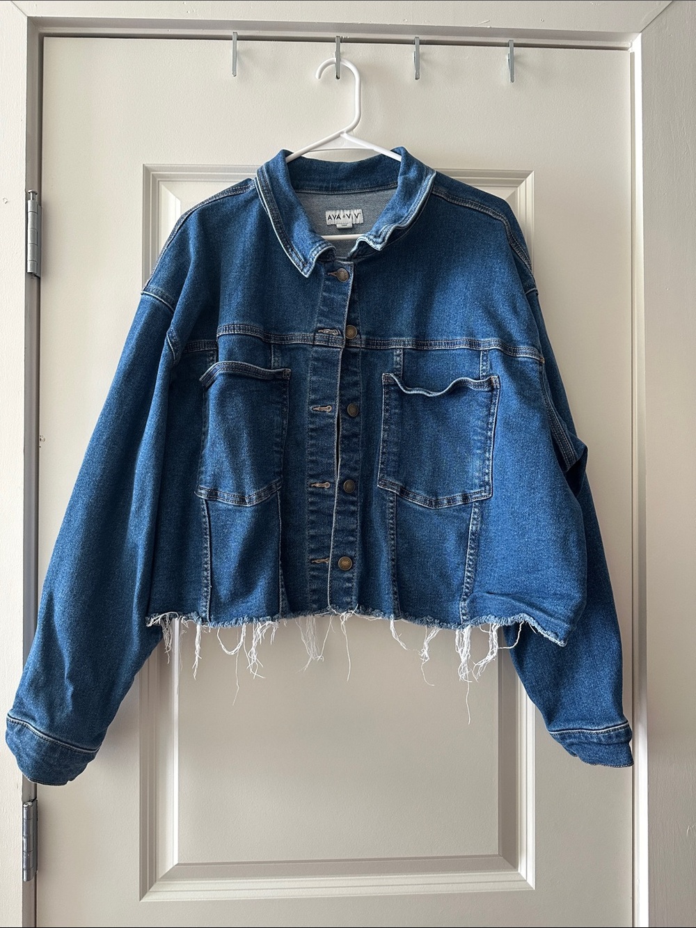 Ava & Viv Dark Blue Cropped Frayed Hem Denim Jacket